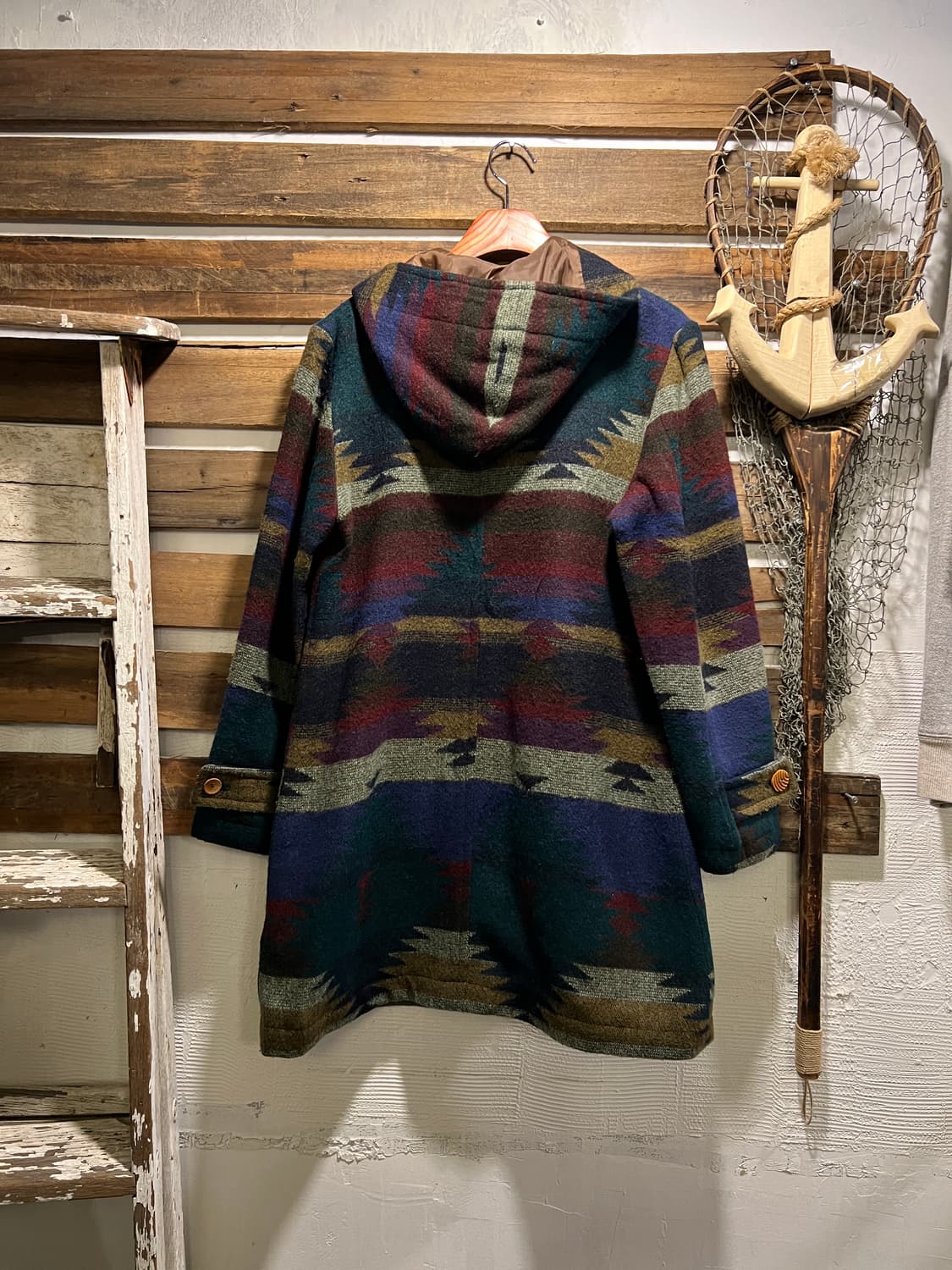 [M]90's JPN 빈티지 네이티브 패턴 울 후드 더플 코트 상품이미지8