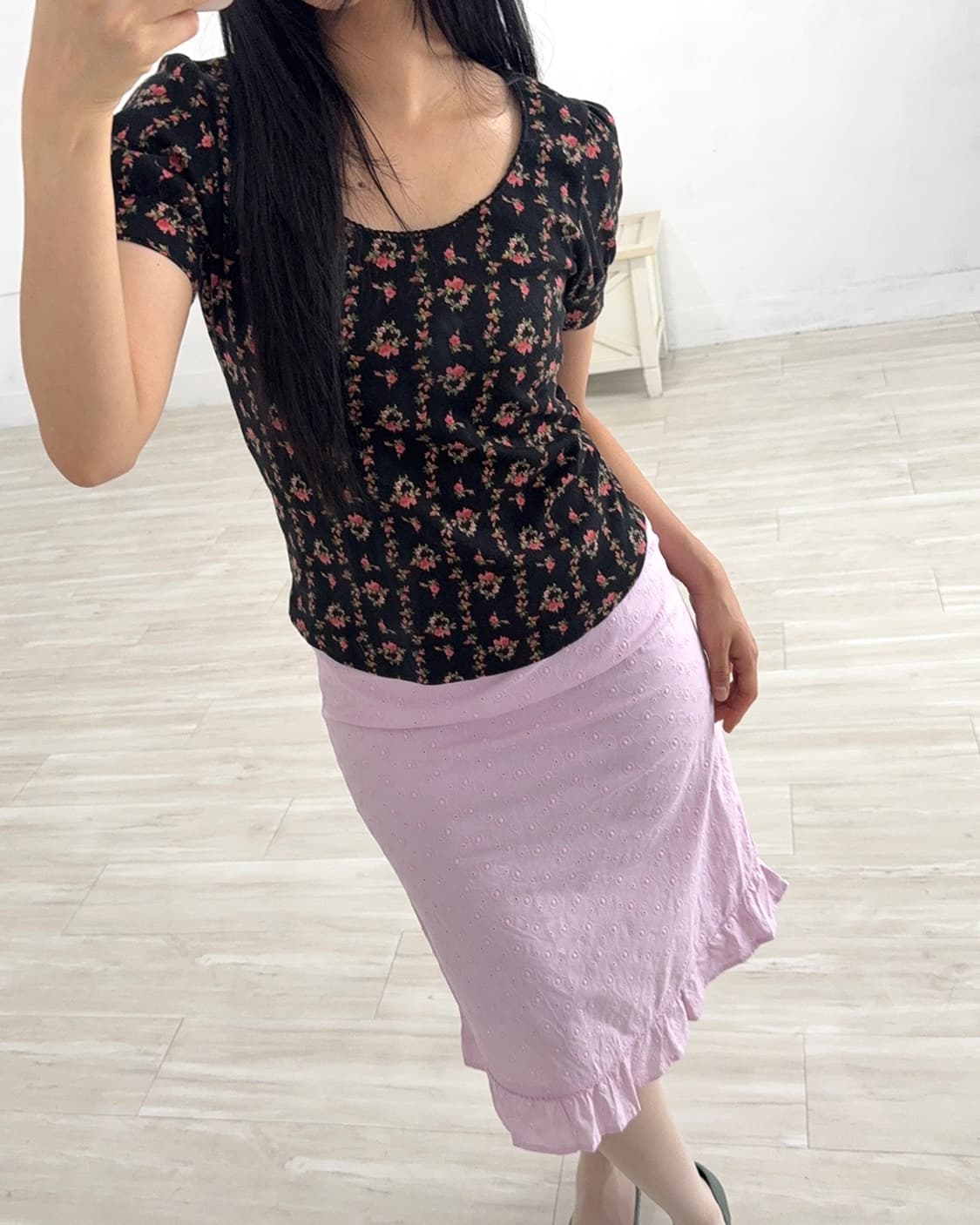 Black Antique Floral Pattern Short Top 상품이미지6