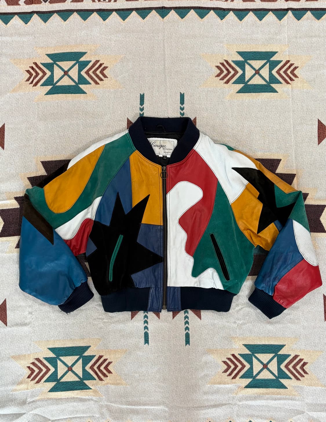 90s Cougar 크롭 레더 패치워크 봄버 블루종 자켓 상품이미지1