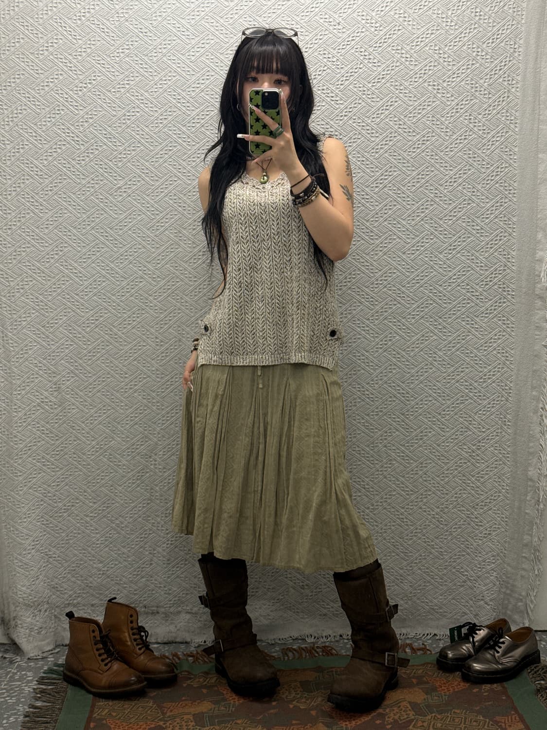 빈티지 에스닉 패턴 피스타치오그린 플리츠 시어 미디스커트 K0145 상품이미지1