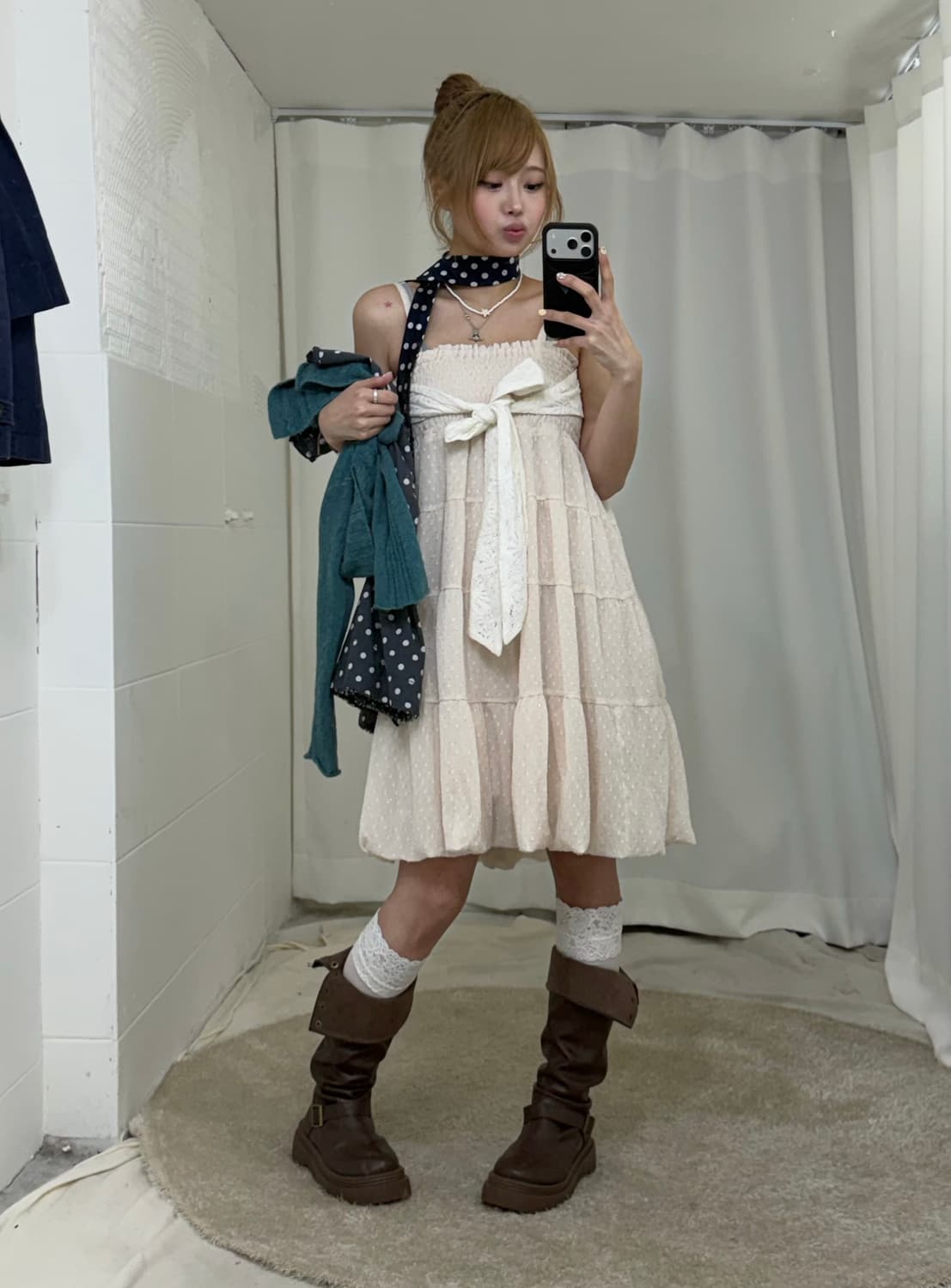 네이비 숏트렌치 청록 니혼진 도트 코디세트 상품이미지4