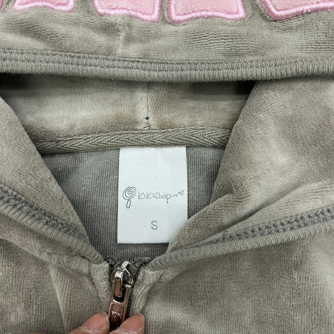 착샷O 빈티지 말차핑크 벨벳 후드집업 상품이미지2