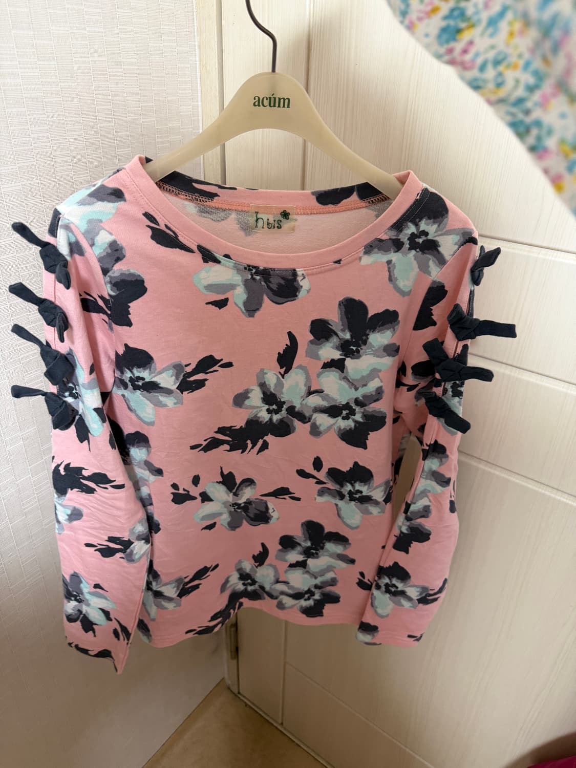 핑크 플라워 리본 롱슬리브 티셔츠 빈티지 모리걸 하구미 러블리 상품이미지1