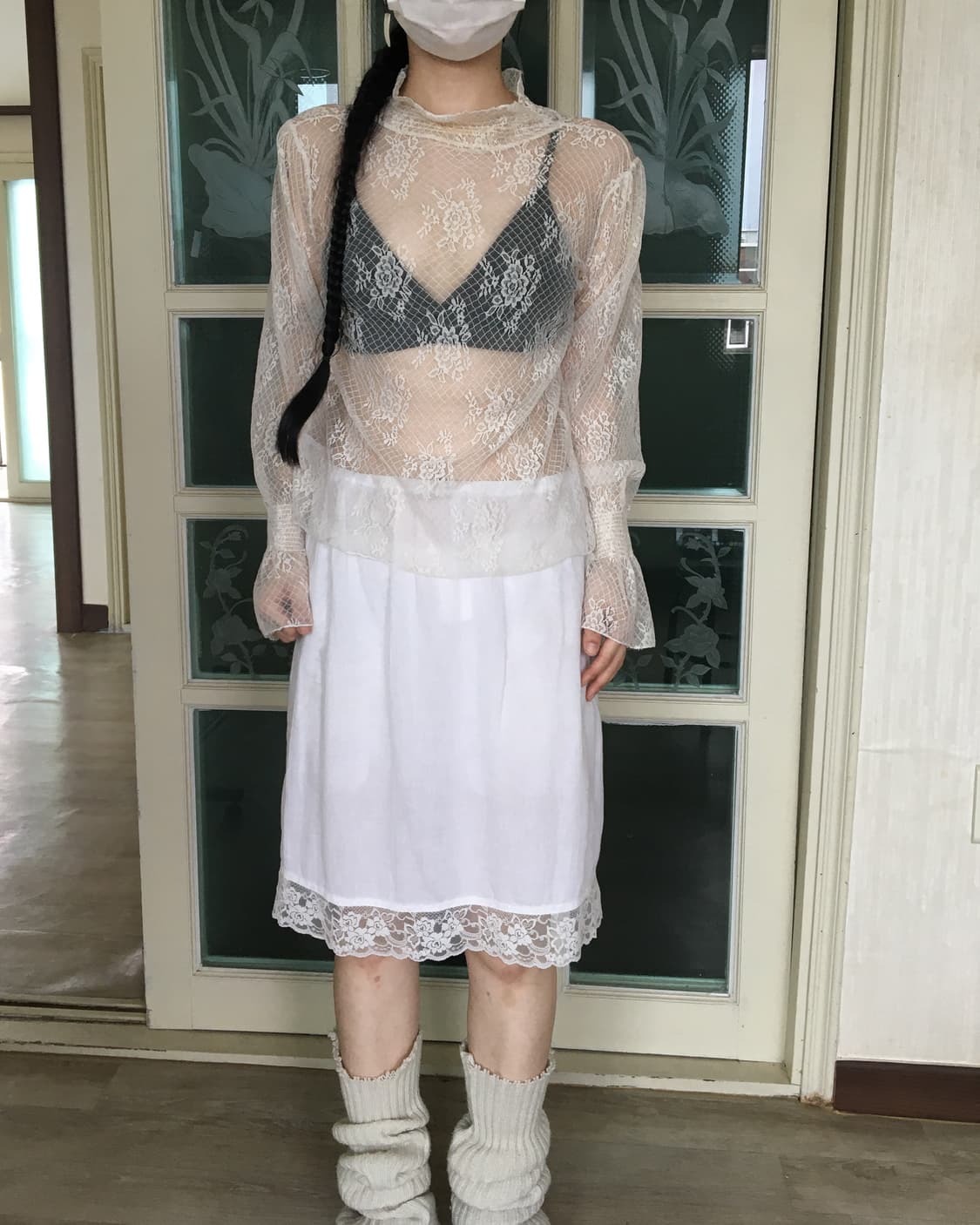 Flower pattern high neck lace sleeve 상품이미지5