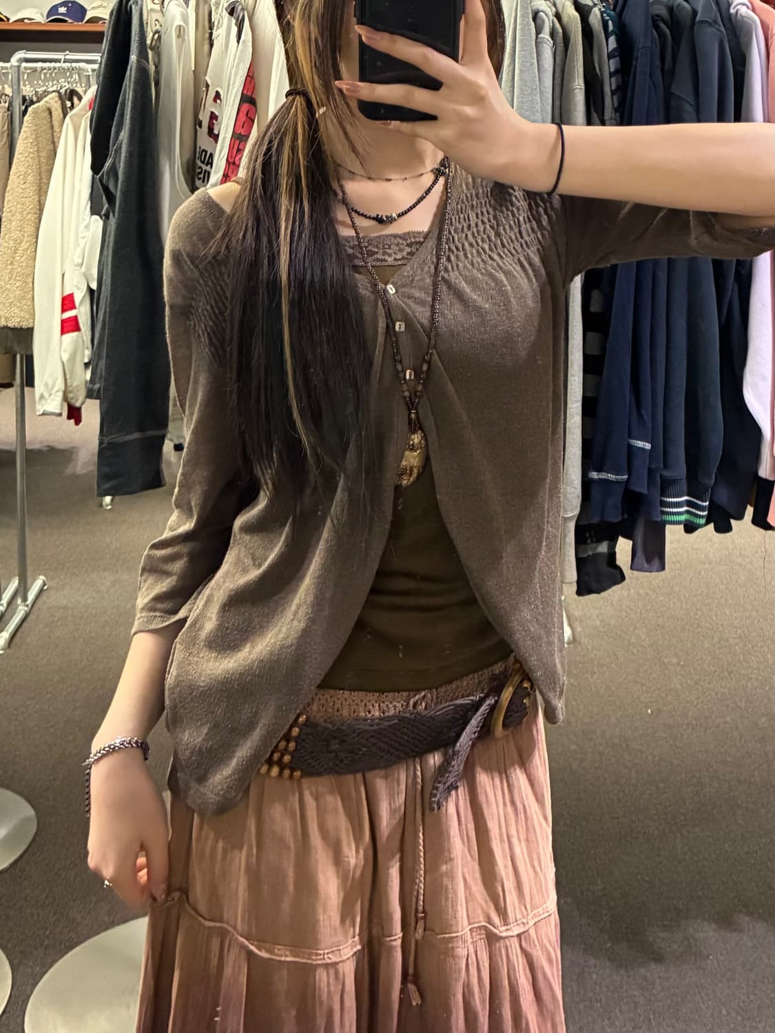 M)Japanese vintage 여성 브라운 셔링 가디건 상품이미지1