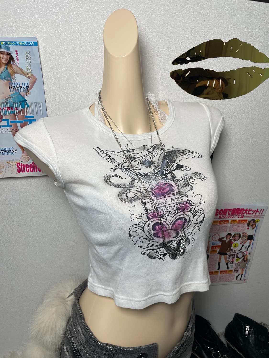 Punk y2k 해골 날개 반팔티 탑 상품이미지2