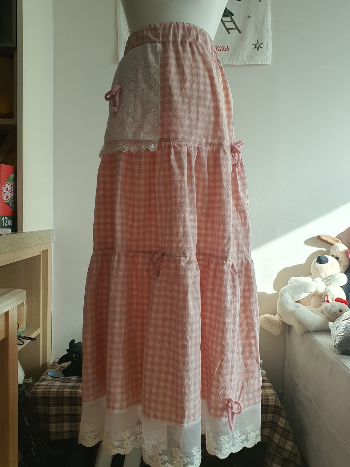 [핸드메이드] 핑크 체크 캉캉 롱 스커트 레이스 상품이미지1