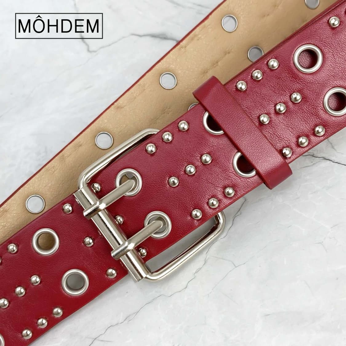 [Unisex] y2k 스터드 아일렛 가죽 벨트 레드 상품이미지2