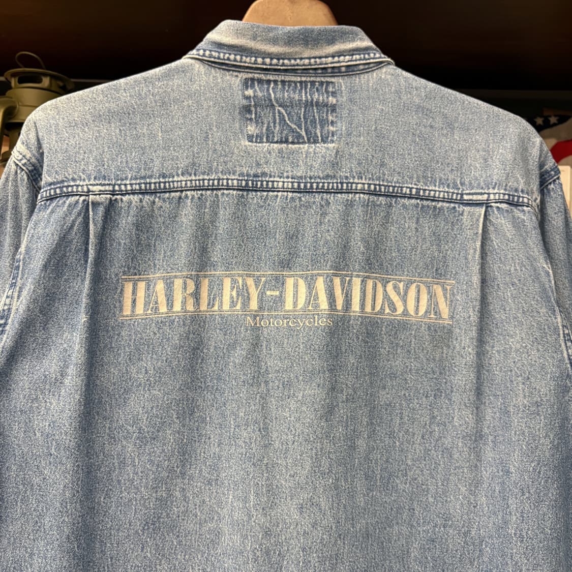 90s 할리데이비슨 백프린팅 이글스 버튼다운 데님셔츠 패치포켓 N719 상품이미지6