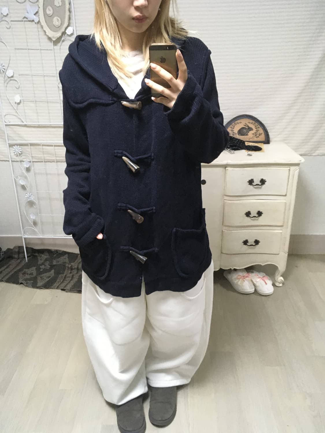 jpn vintage gap 네이비 더플 후드 와플 가디건 상품이미지2