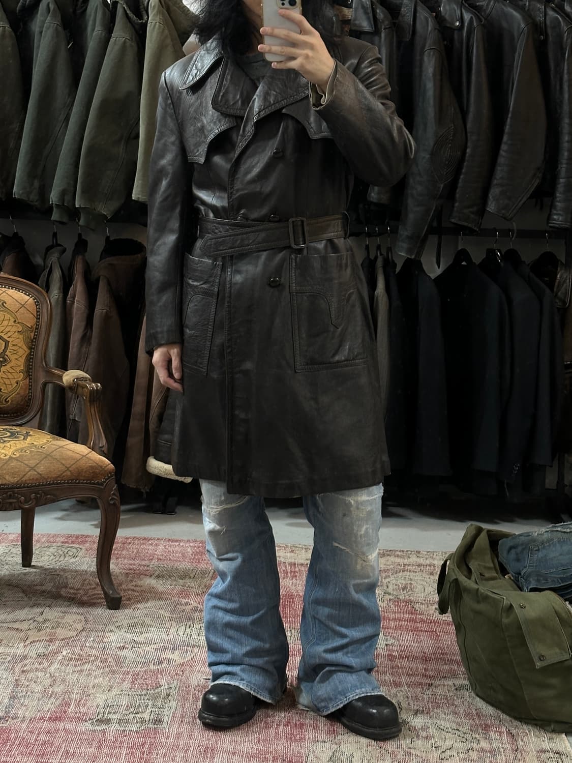80’s 빈티지 브라운 레더 트렌치 코트 상품이미지2