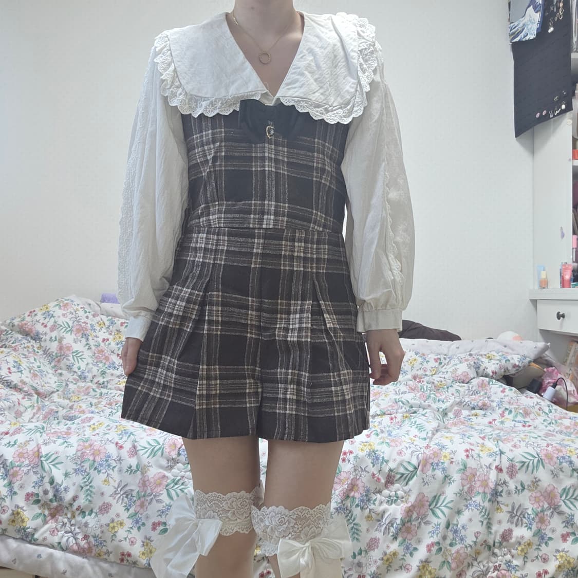 리즈리사 일본빈티지)초코라떼히메갸루st 로맨틱 브라운체크 올인원 상품이미지1