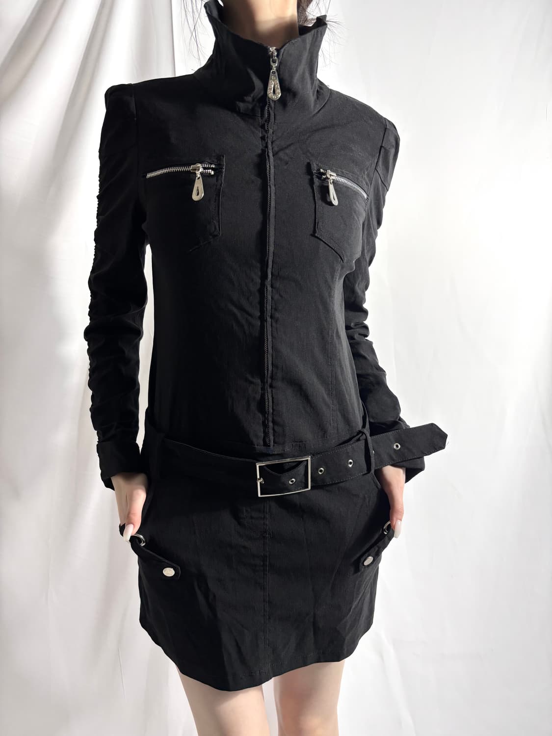 Japanese Vintage Black Zip Mini Dress 상품이미지2