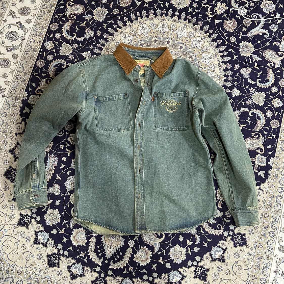 옷깃·코듀로이 배색 레트로 프린트 데님 워크 셔츠 상품이미지2