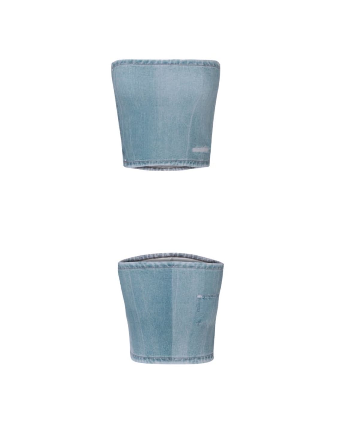 Yuse 유즈 프린트 데님 튜브탑 슬리브리스크롭연청프린팅포켓로고셋업중청청 상품이미지3