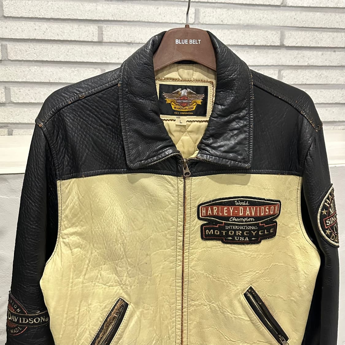 할리데이비슨 가죽 레더 라이더 자켓 패치 레터링 로고 디테일 크림&블랙 상품이미지4