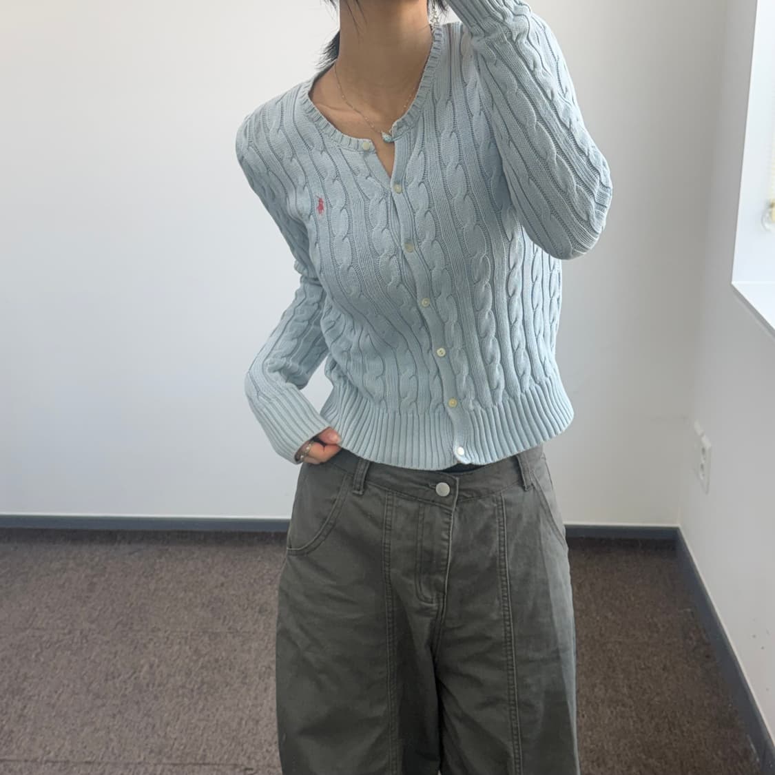 Polo 폴로 핑크 포니 라이트 블루 케이블 니트 가디건 상품이미지2