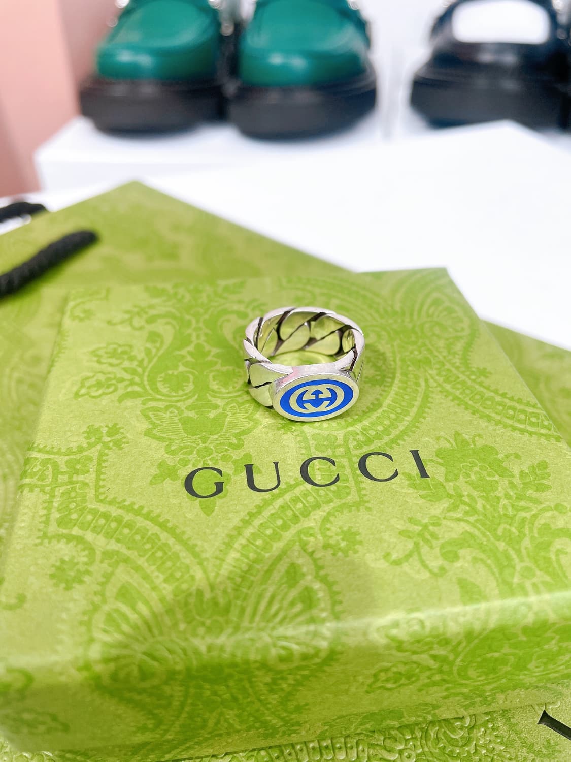 (정품/새상품) 구찌 공용 실버 인터로킹 G 에나멜 블루 링 반지 상품이미지2