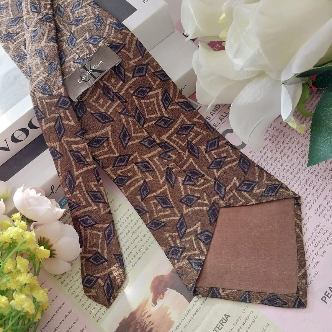 캘빈클라인 실크 브라운 기하 패턴 넥타이 10.5cm A+등급 K1291 상품이미지4