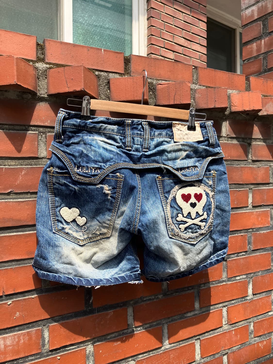 Lolita Jeans 해골 패치워크 디스트로이드 진 반바지 28 상품이미지5