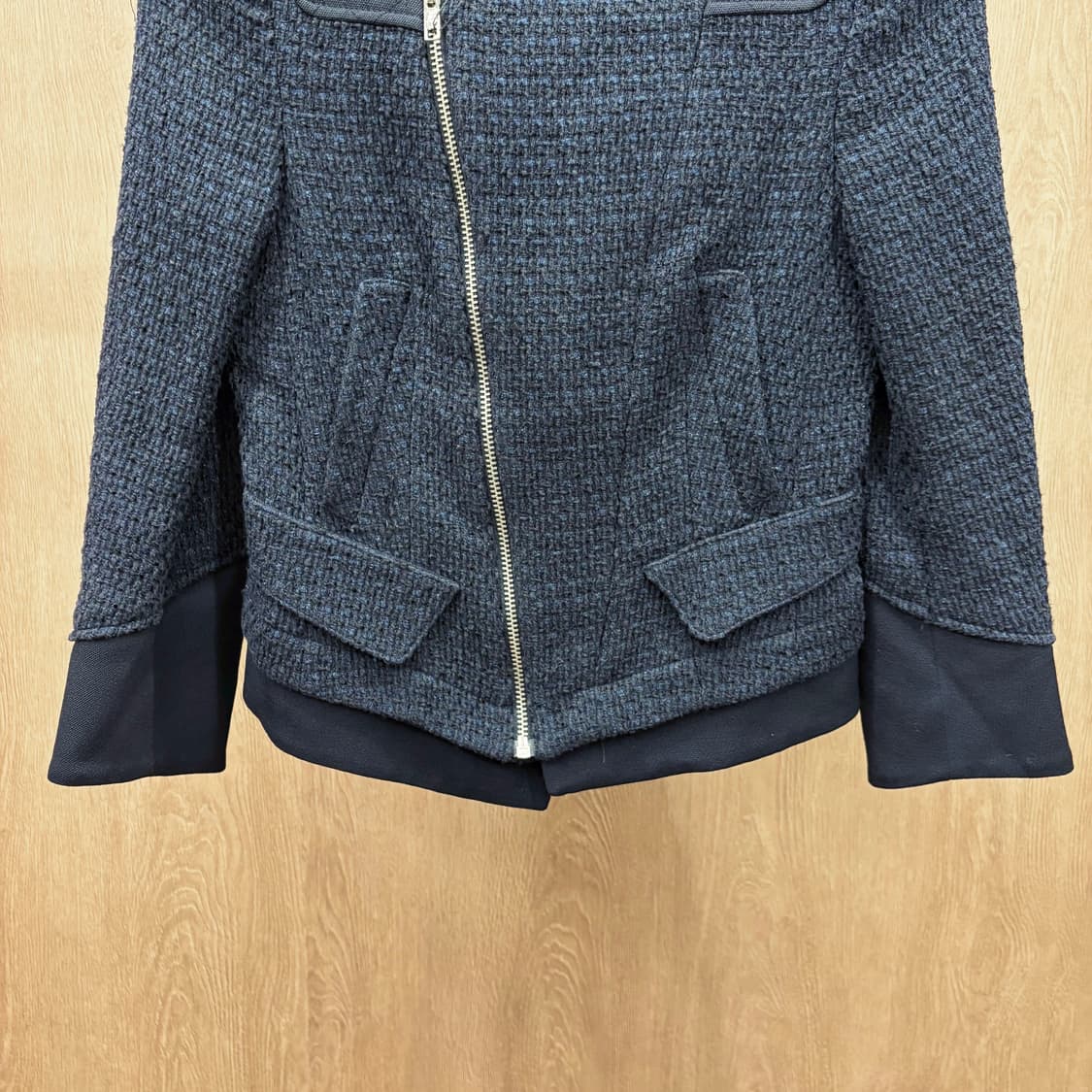 시스템 집업 트위드 자켓 메탈 지퍼 퀄팅 배색 레이어드 디테일 네이비 상품이미지5