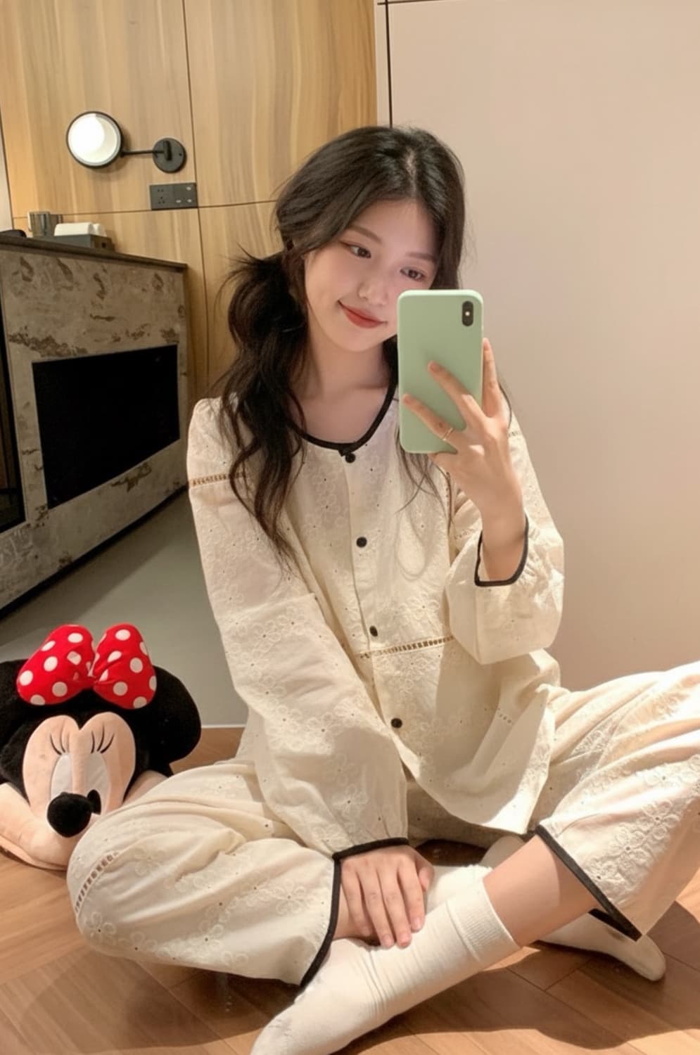 누아젤 여성 자수 면 파자마세트 베이지 상품이미지1