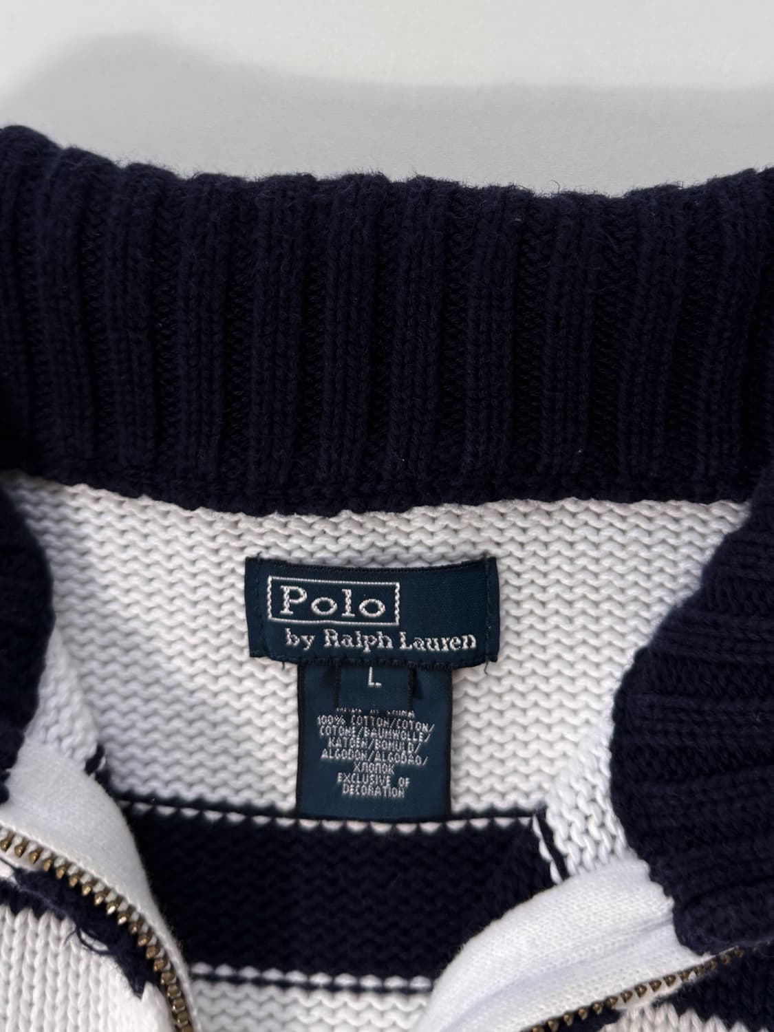 폴로 랄프로렌 화이트 스트라이프 엠브로이드 코튼 하프집 니트 상품이미지4