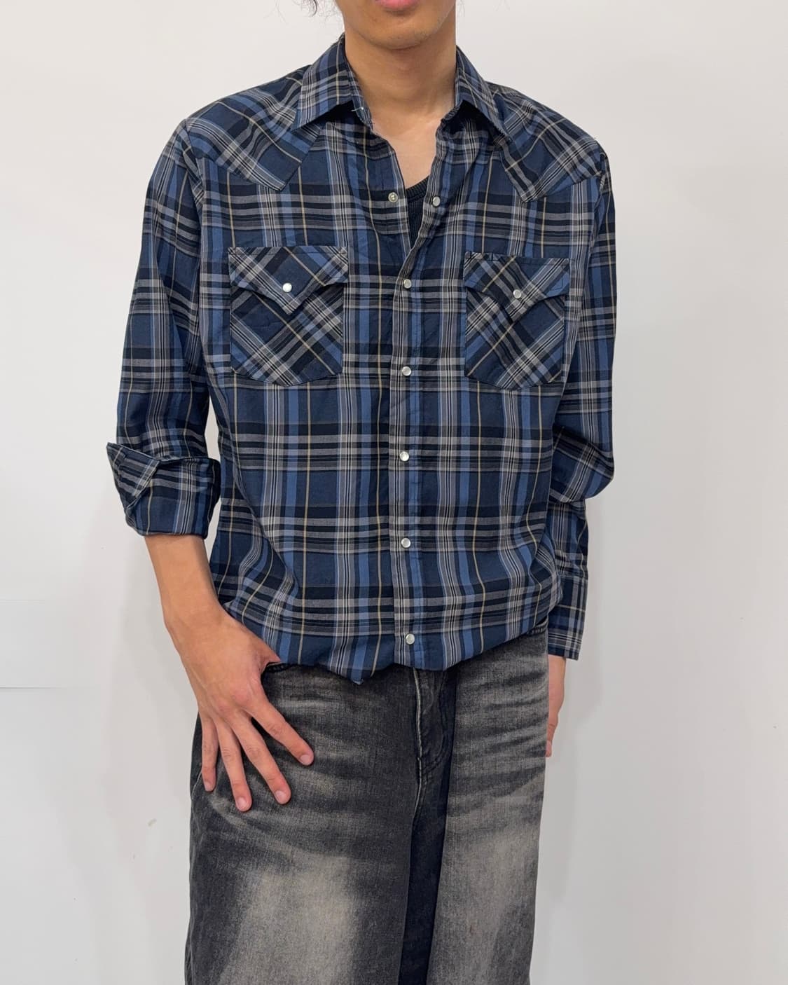 ELY 빈티지 웨스턴 셔츠 네이비 체크 상품이미지5