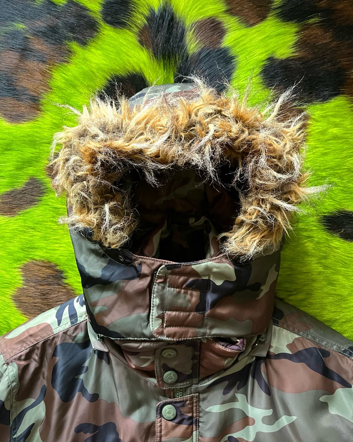 90-00s Vintage Y2K Camo Fur Hood Padding 상품이미지5