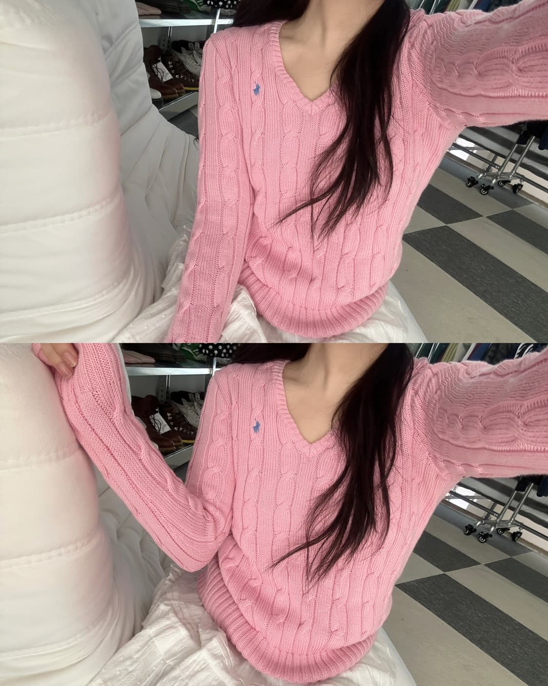 폴로 랄프로렌 연핑크 V넥 피마코튼 케이블 니트  상품이미지3