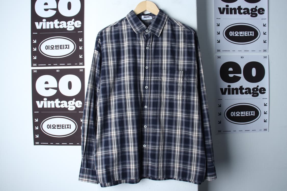 (L-XL) 후크 셔츠 남방 오버핏 체크 네이비 아메카지-H3H33958 상품이미지2