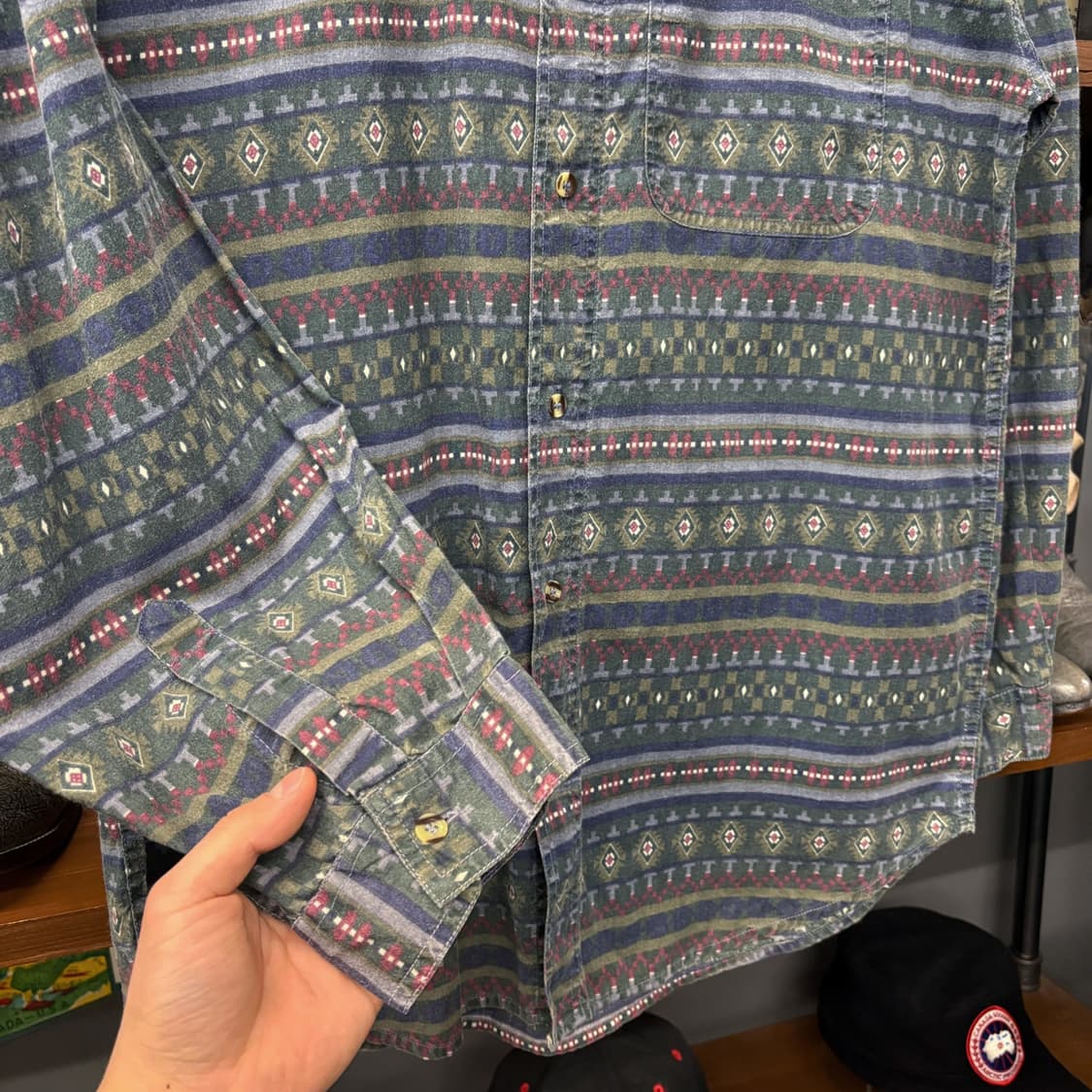 90s 스트릿씬즈 올오버 네이티브 아즈텍 패턴 코튼 캐주얼 셔츠 N579 상품이미지4