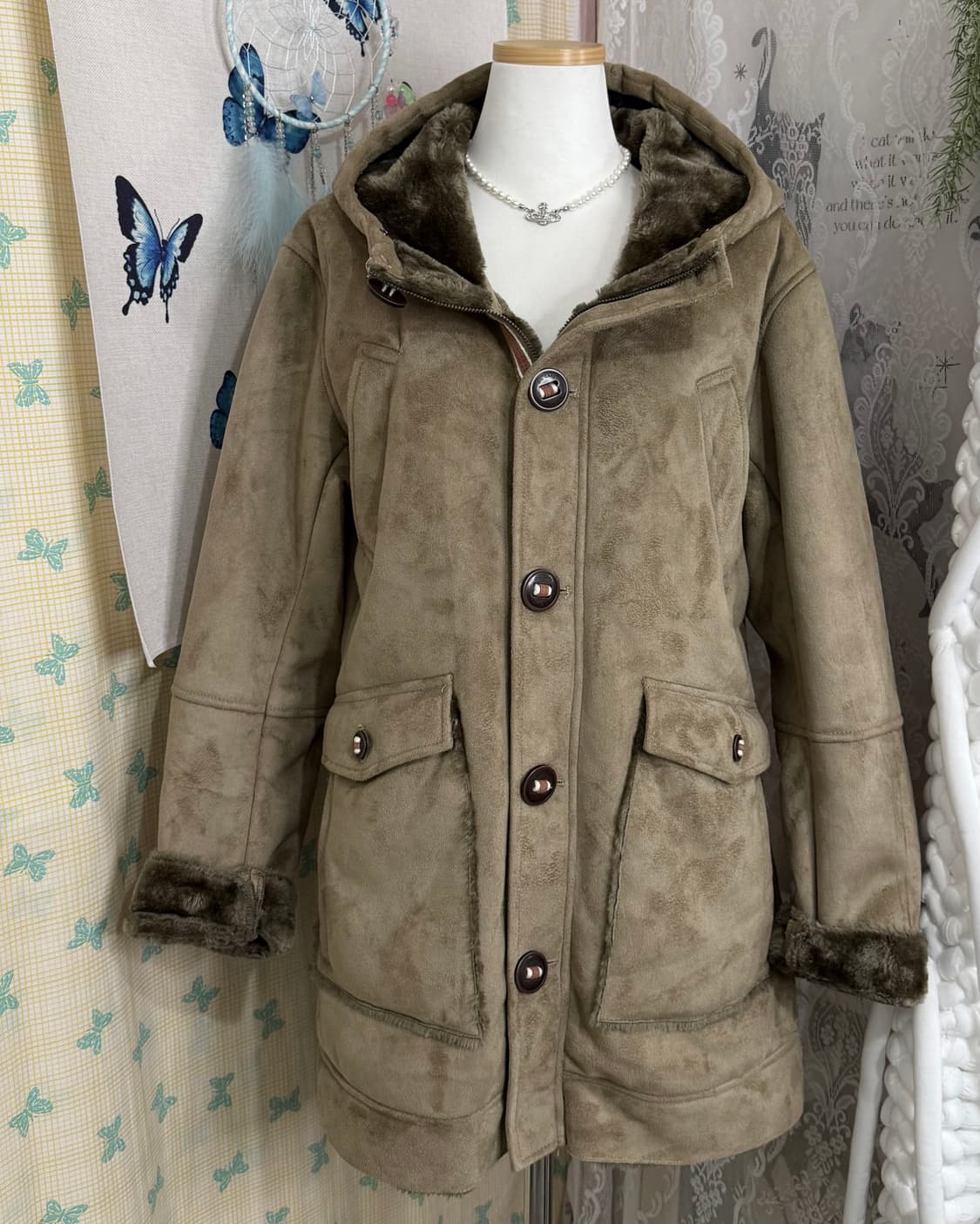 베이지 무스탕 후드 자켓 상품이미지5