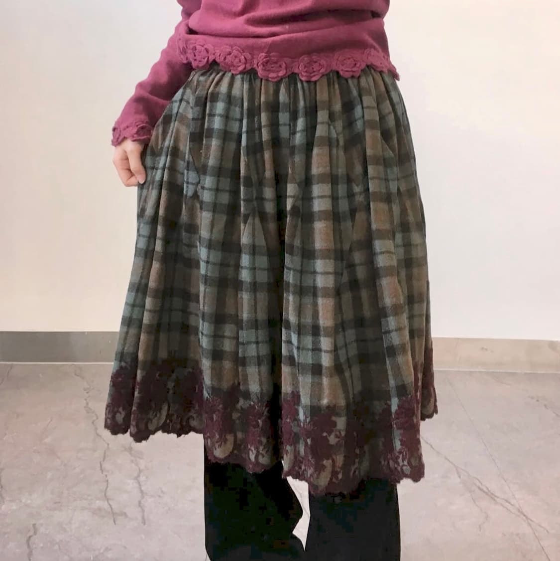 일본 빈티지 체크 레이스 사와코 미디 스커트 상품이미지2