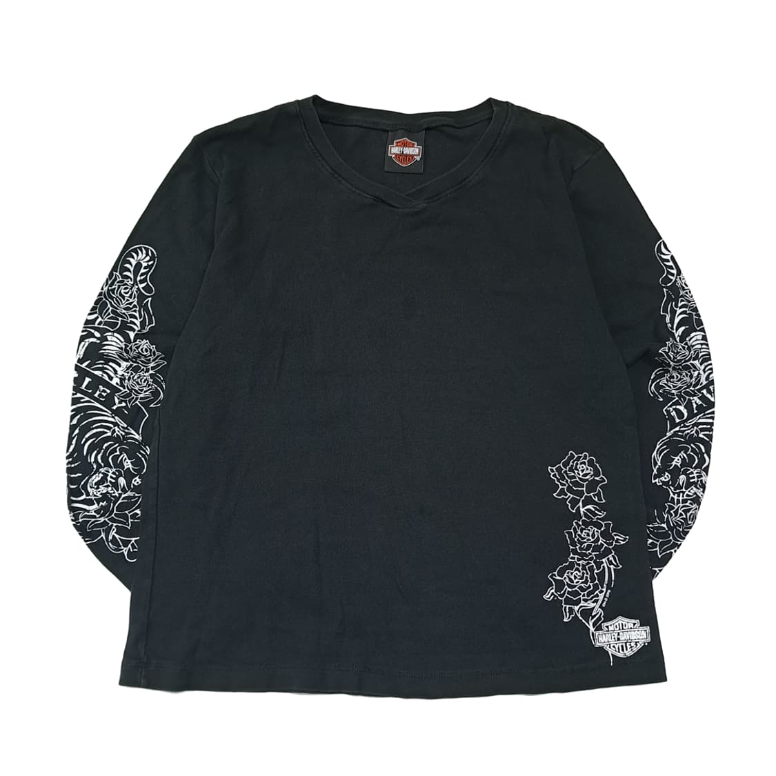 CL563 2XL 할리데이비슨 00s 미국판 타이거로즈 블랙 V넥 티셔 상품이미지1