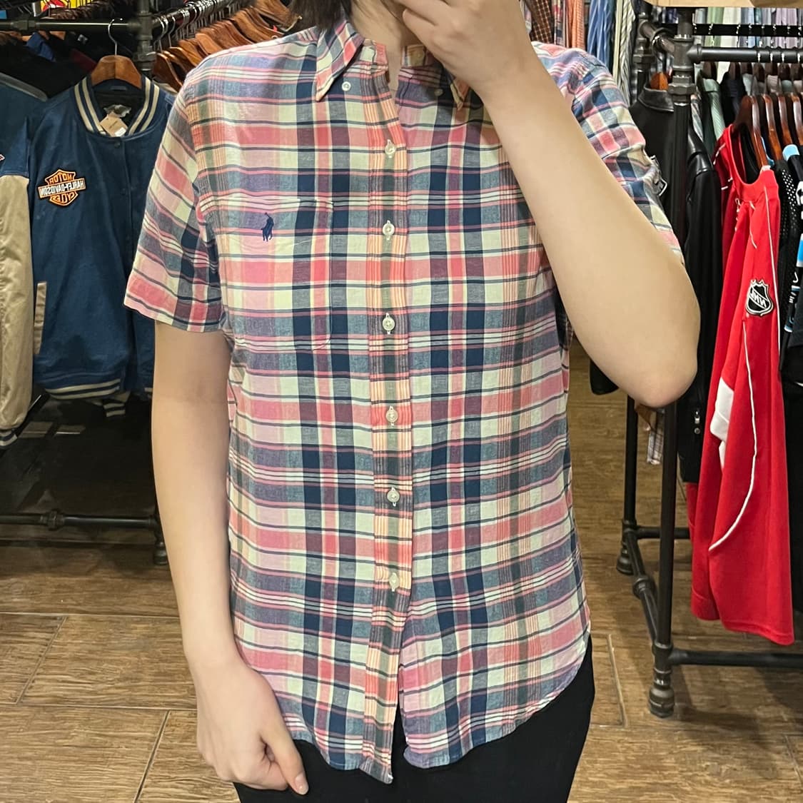 [HI] 폴로 반팔 셔츠 코랄 체크 상품이미지1