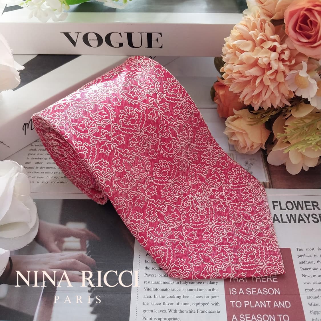 니나리치 실크 레드 페이즐리 플라워 넥타이 9.3cm A+등급 K2405 상품이미지2