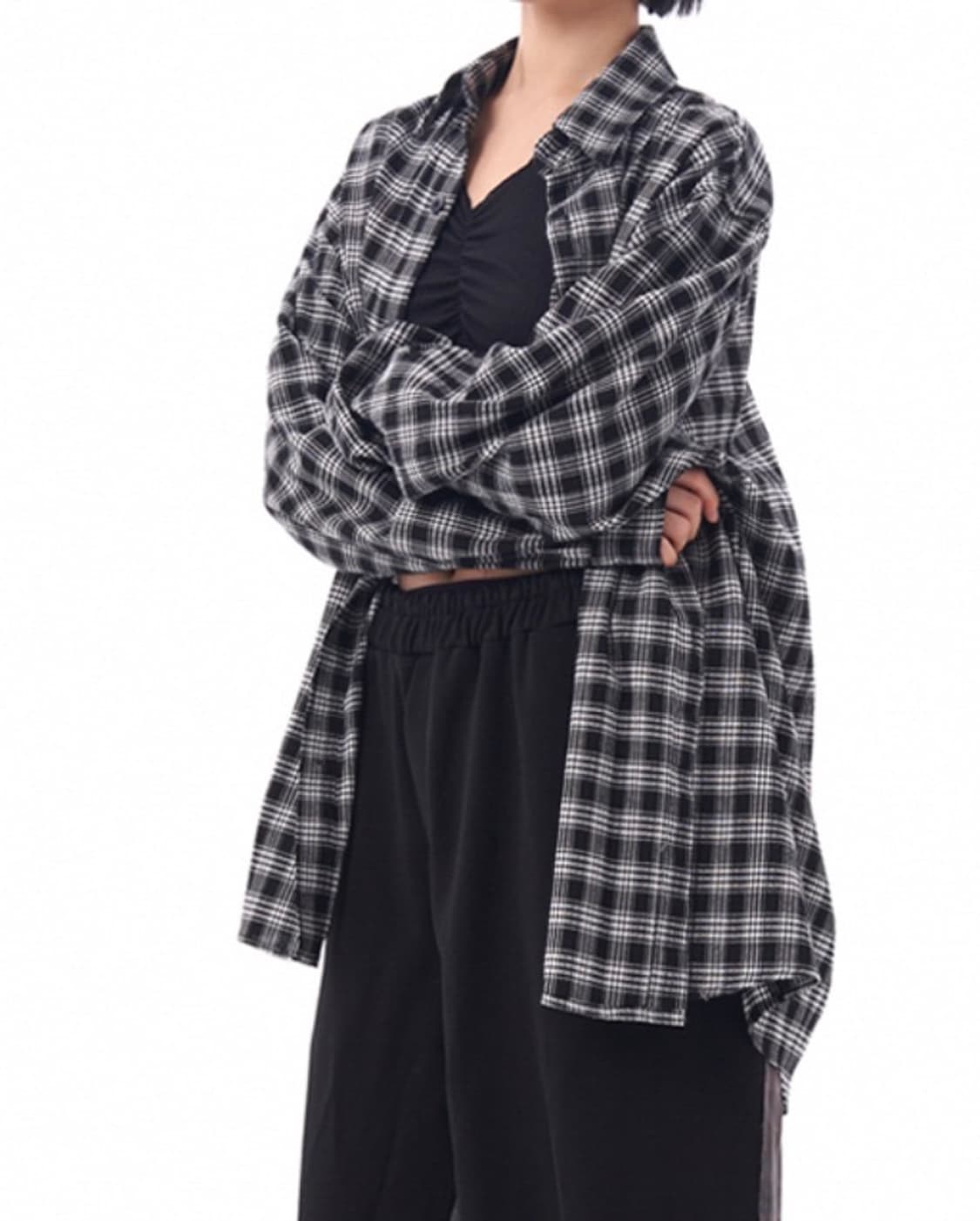 논플로어 오버 체크셔츠 블랙 L사이즈 상품이미지1