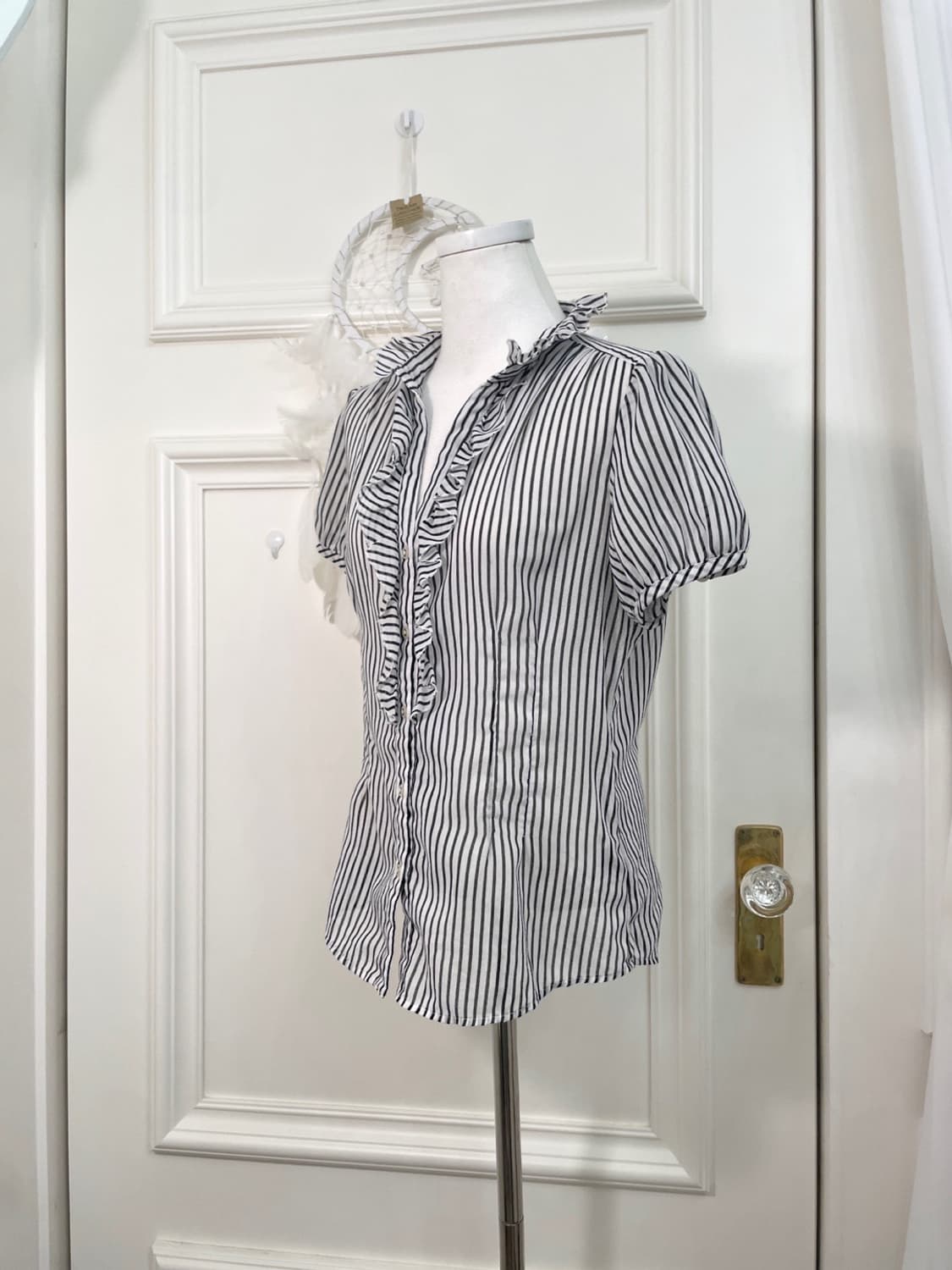 white black stripe shirring cotton blous 상품이미지2