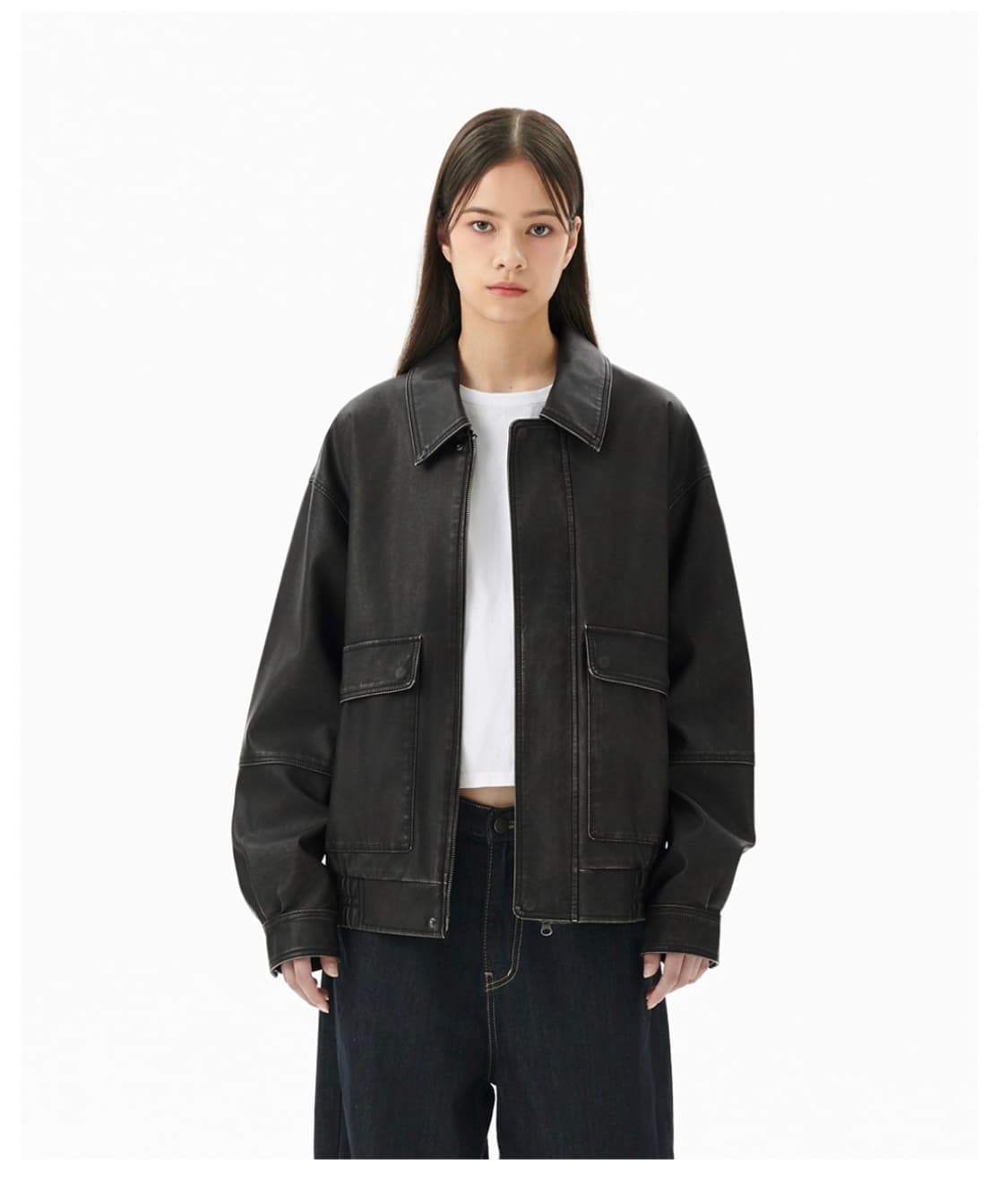 WASHED FAUX LEATHER BLOUSON BLACK 상품이미지2