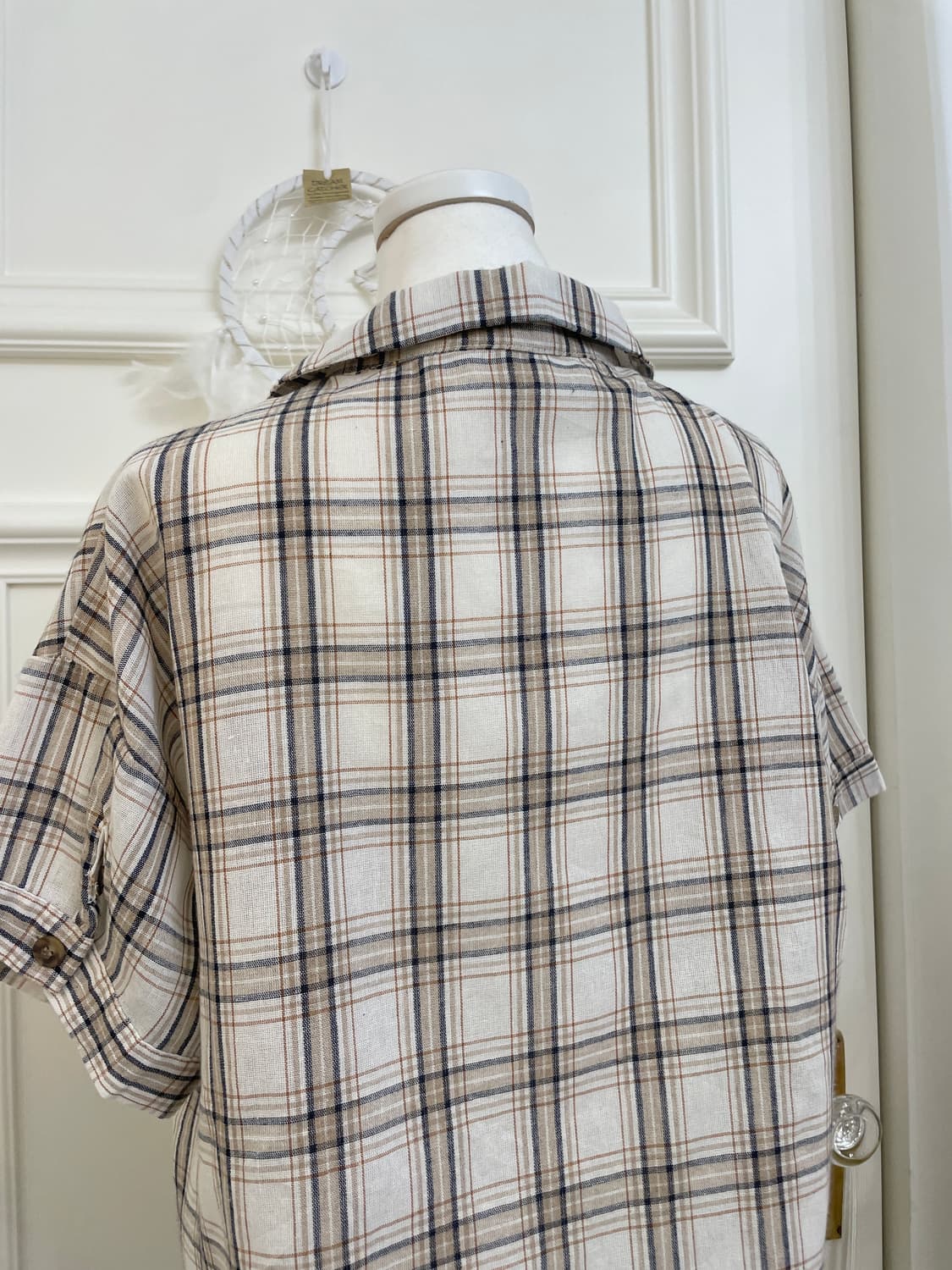 beige navy check crop summer shirt 상품이미지4