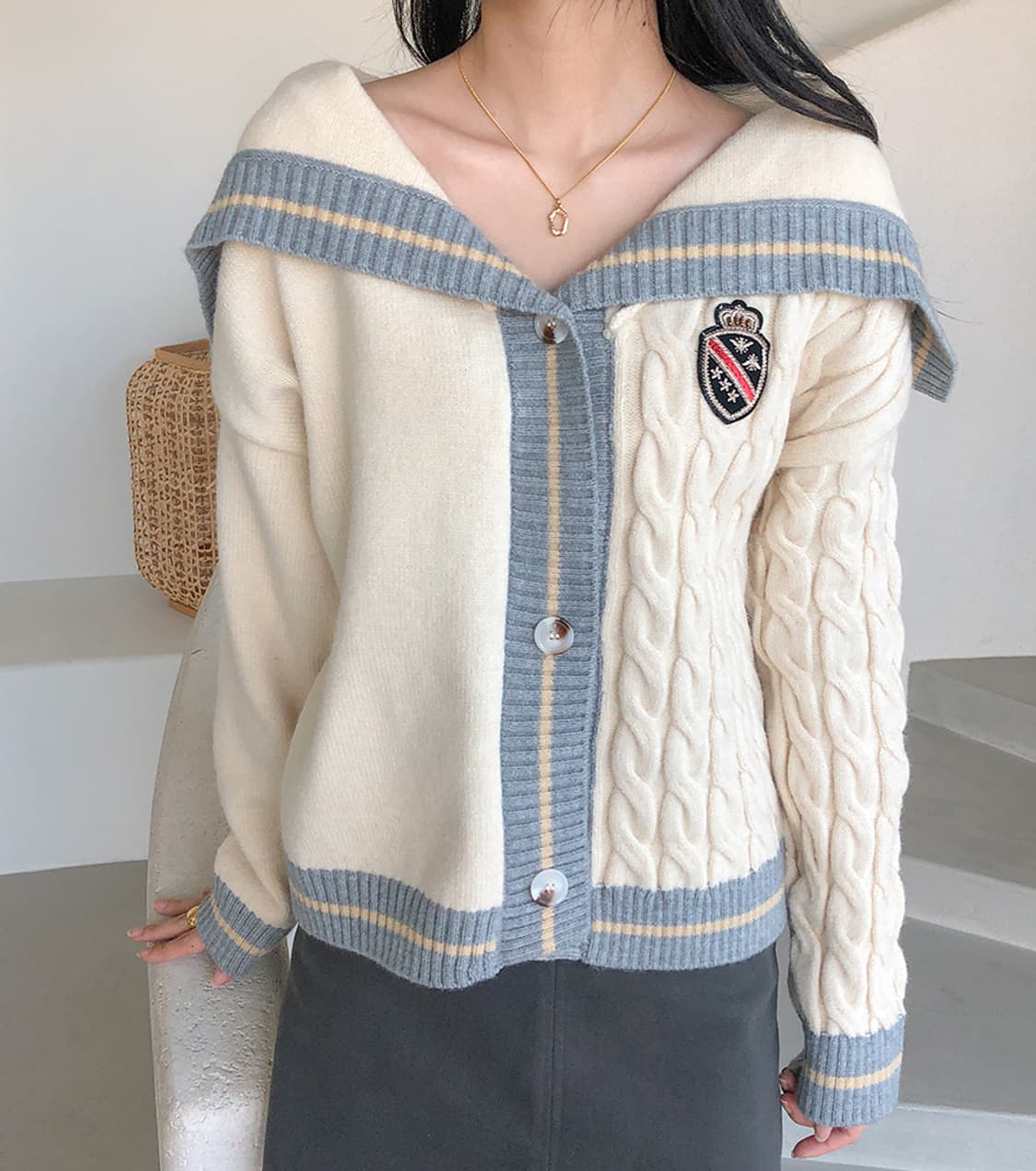 에이블리 무신사 지그재그 모리걸 빈티지 꽈배기 세일러 가디건 상품이미지1