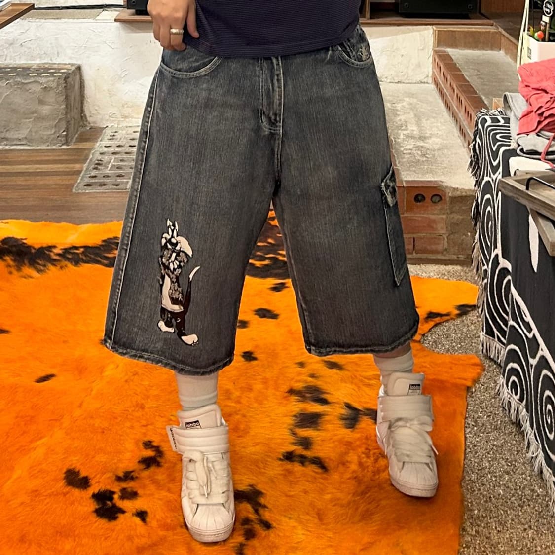 빈티지 카툰 프린팅 중청 버뮤다 데님 팬츠 상품이미지2