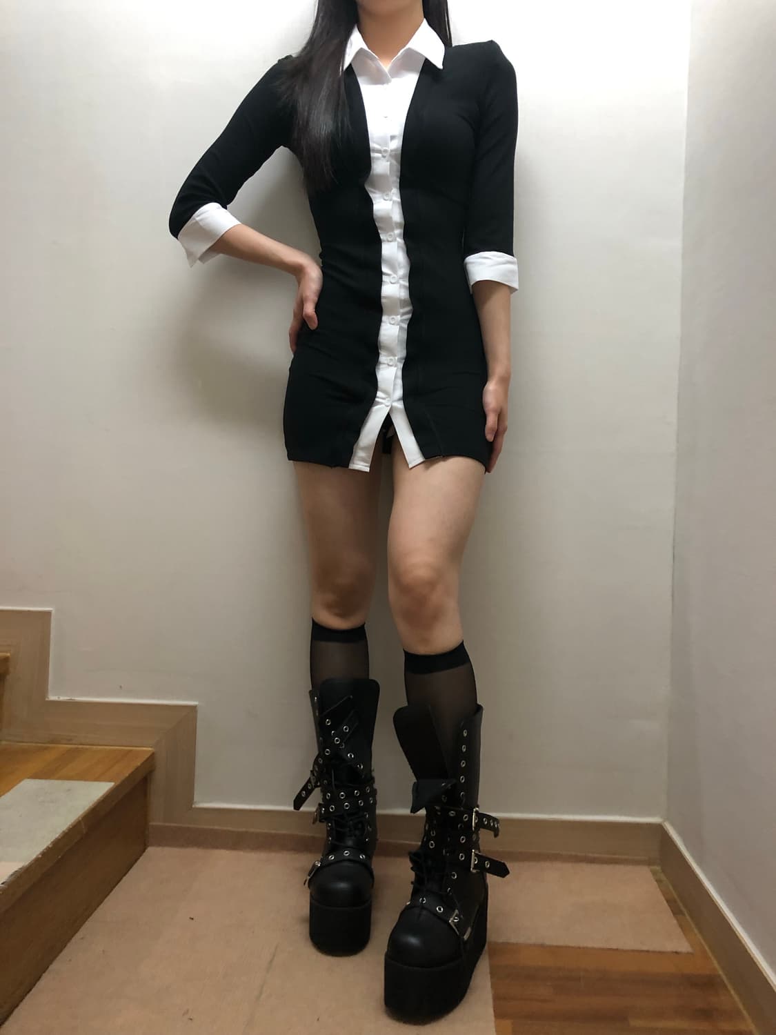 빈티지 블랙 앤 화이트 셔츠 레이어드 원피스 상품이미지4