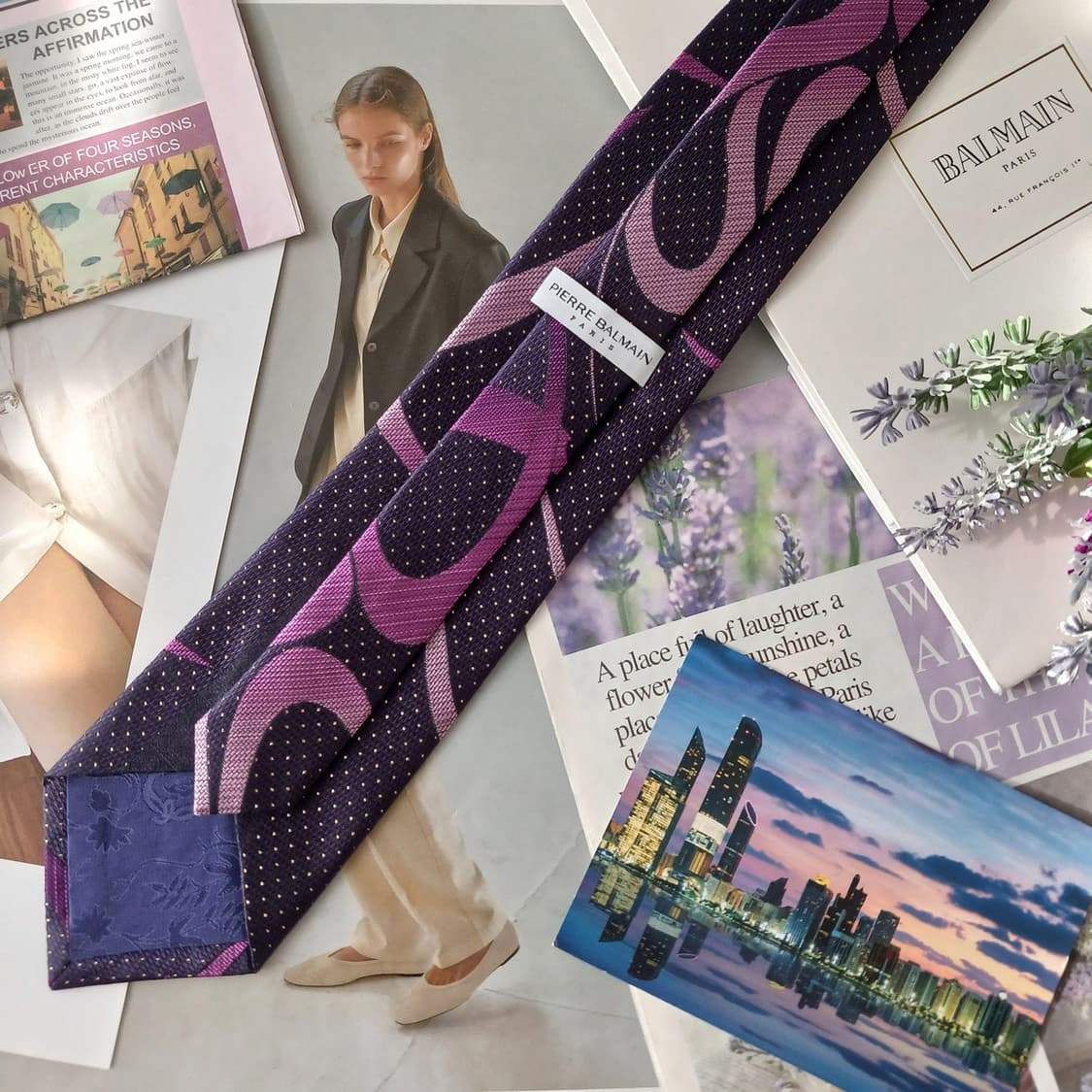 피에르 발망 실크 퍼플 기하 패턴 넥타이 8.6cm A+등급 A19363 상품이미지4
