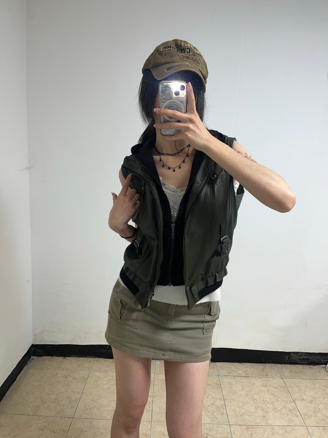 카키 더블 집업 레더 베스트 상품이미지3