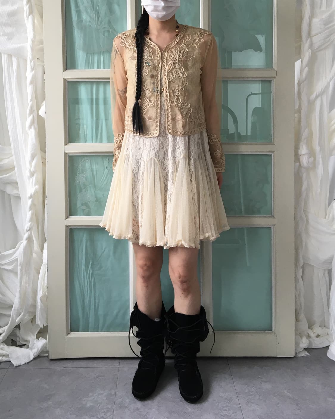Flower embroidery point mesh cardigan 상품이미지7