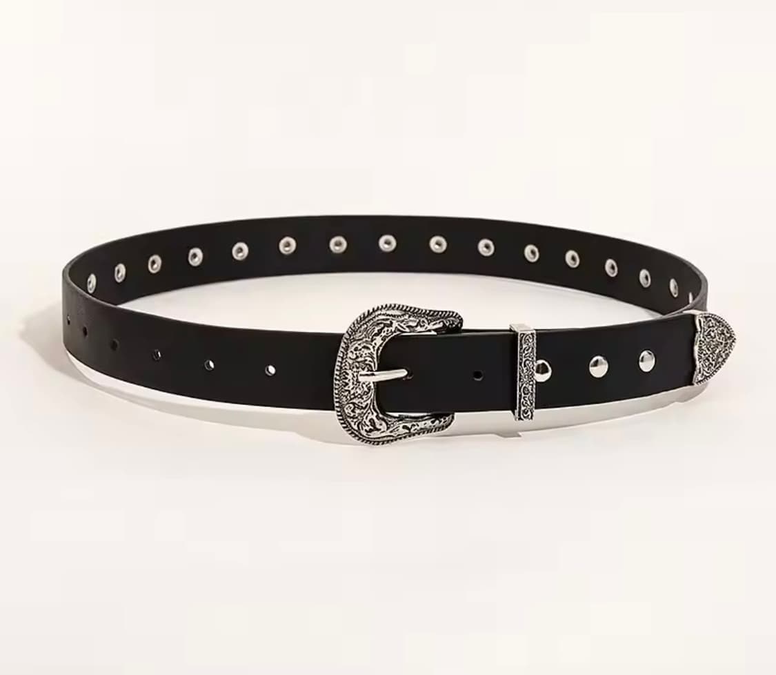 Western Engraved Silver Buckle Black Lea 상품이미지1