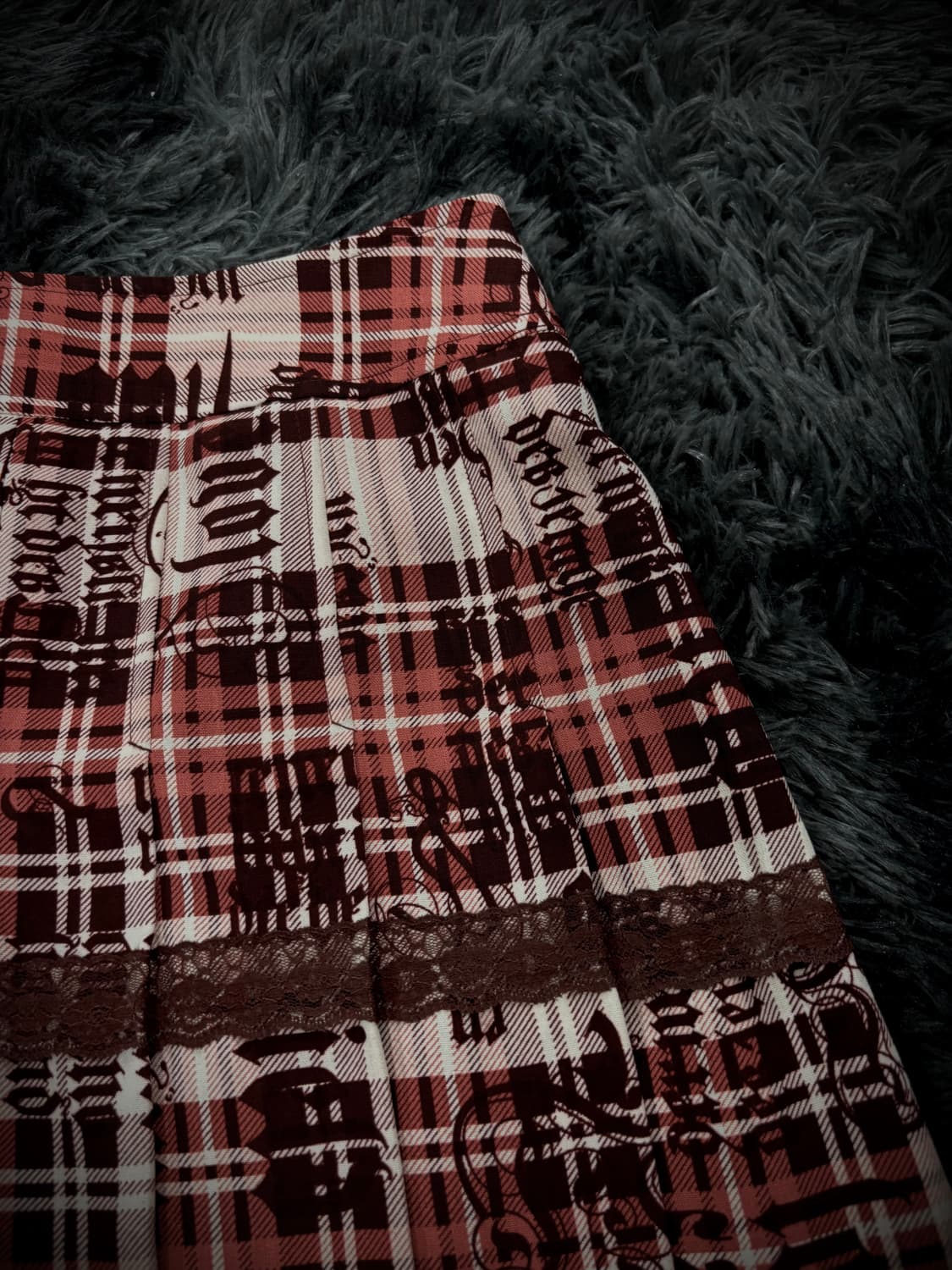 레드 체크 레터링 펑크 레이스플리츠 스커트 상품이미지5