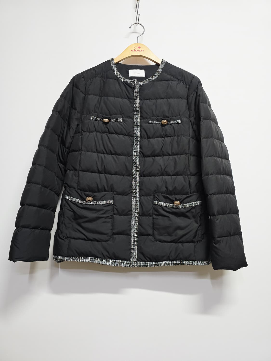 jj지고트 트위드 블랙 경량 구스패딩 자켓 상품이미지1